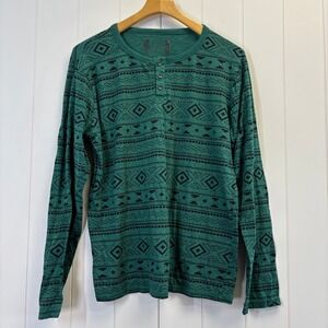 SGR Mens Long Sleeve Henley Shirt Green Black Aztec Geometric Tribal Print L